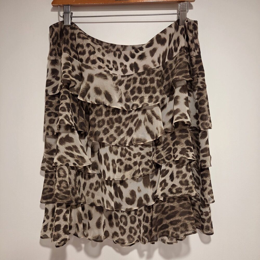 Talbots CHIFFON LEOPARD CHEETAH TIER RUFFLE SKIRT 14P Womens Y2K Preppy 00s